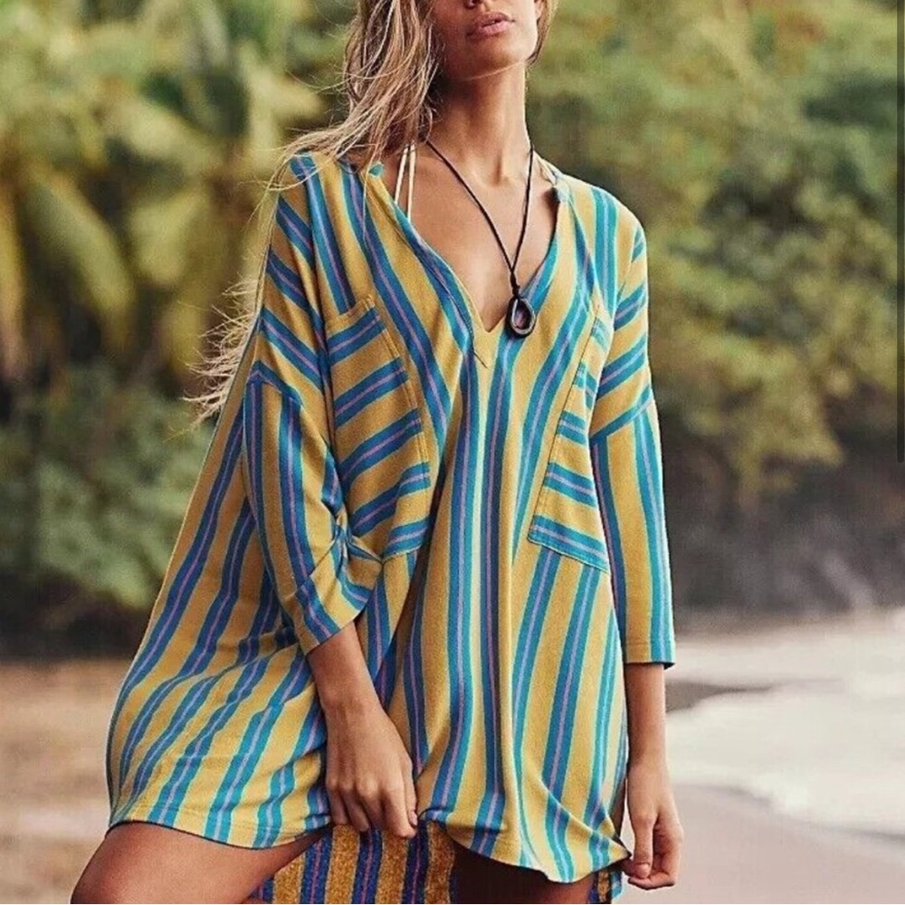 Free People Blue and Yellow Swim Coverup with V-Neck